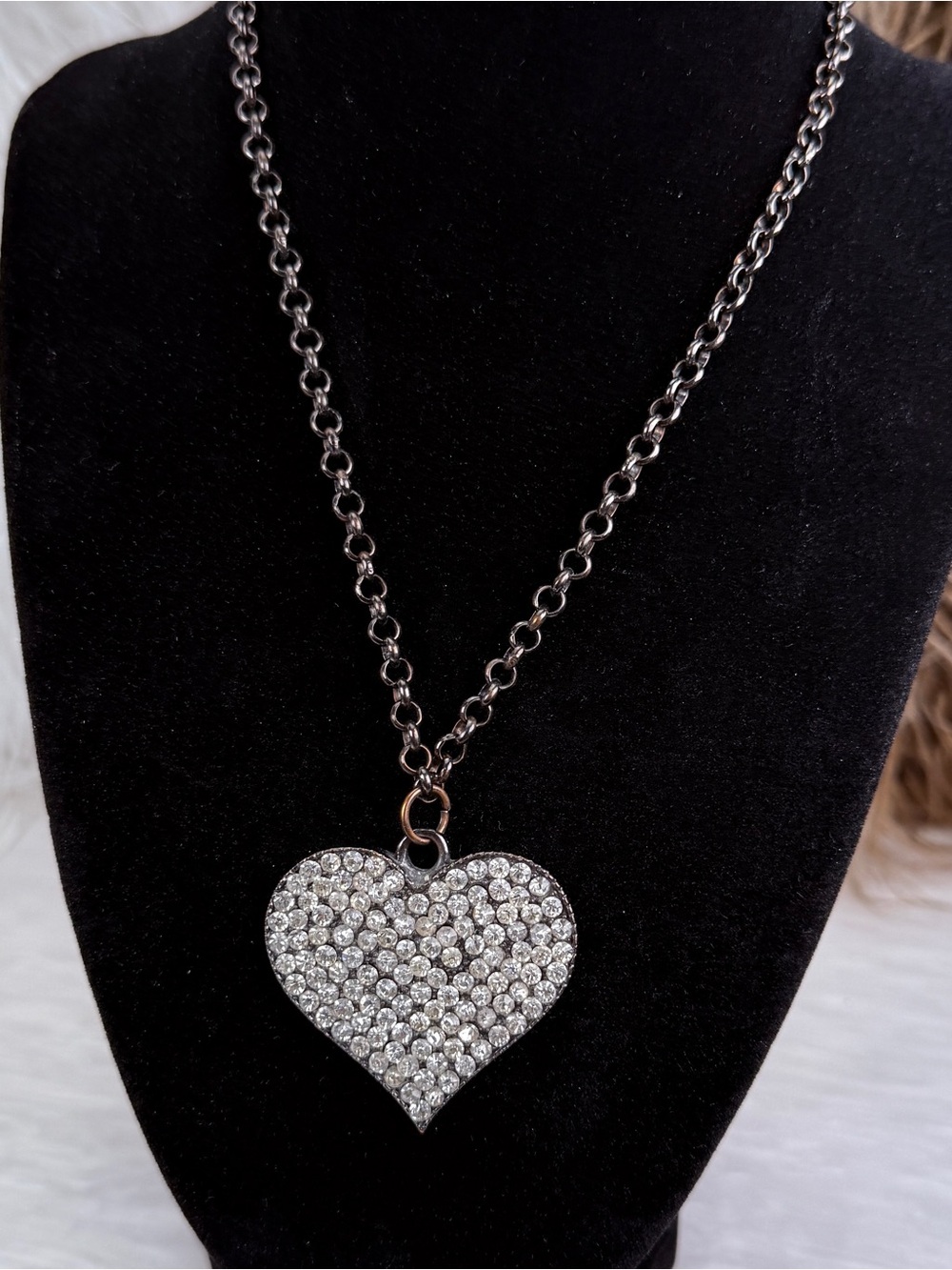 Vintage Pave Rhinestone Heart Pendant Necklace Oxidized Dark Tone